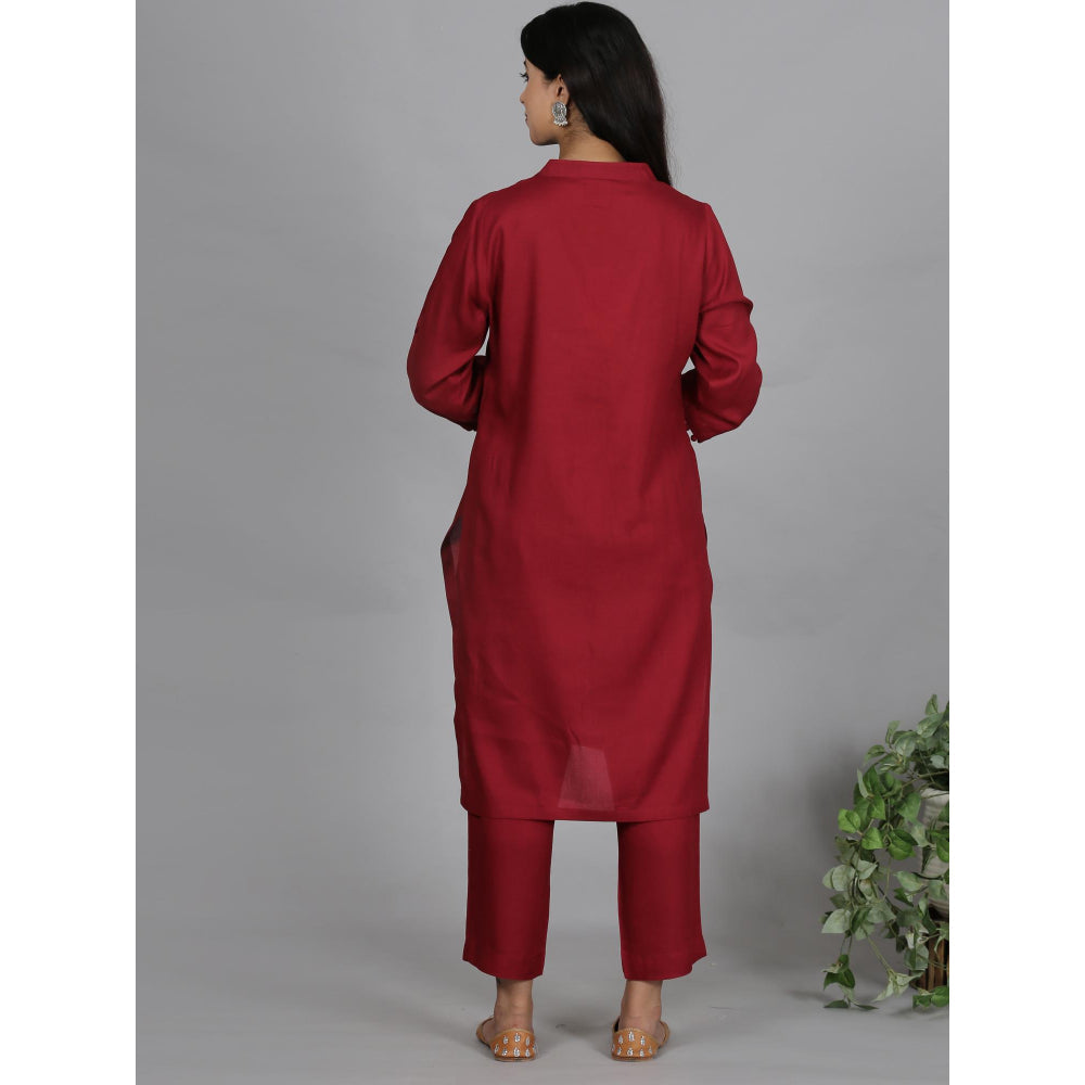 Spring Soul Red Solid Viscose Kurta with Pant (Set of 2)