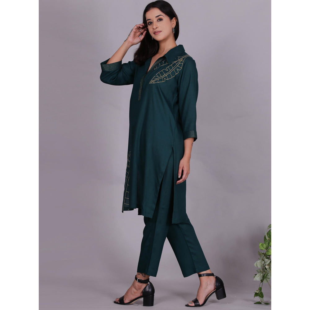 Spring Soul Green Embroidered Viscose Cotton Kurta with Pant (Set of 2)