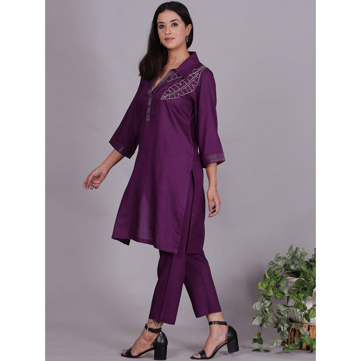 Spring Soul Purple Embroidered Viscose Cotton Kurta with Pant (Set of 2)