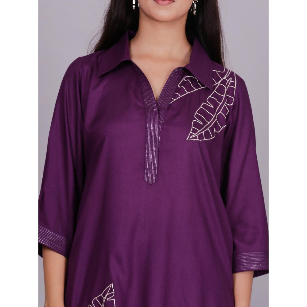 Spring Soul Purple Embroidered Viscose Cotton Kurta with Pant (Set of 2)