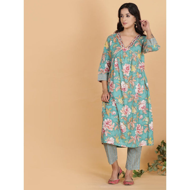 Spring Soul Blue Floral Printed A-Line Cotton Kurta with Pant (Set of 2)