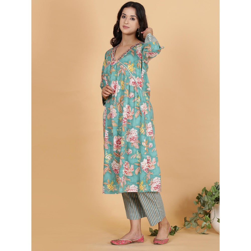 Spring Soul Blue Floral Printed A-Line Cotton Kurta with Pant (Set of 2)