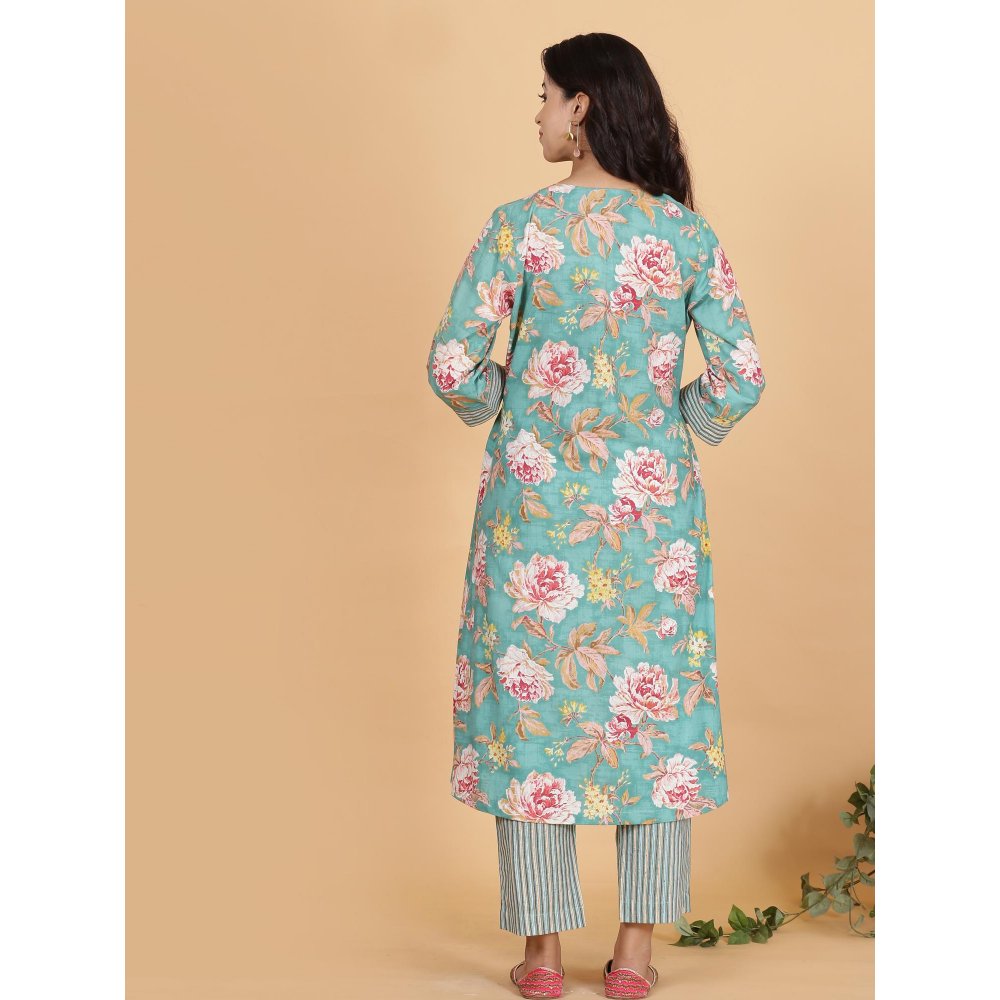 Spring Soul Blue Floral Printed A-Line Cotton Kurta with Pant (Set of 2)