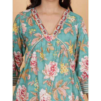 Spring Soul Blue Floral Printed A-Line Cotton Kurta with Pant (Set of 2)