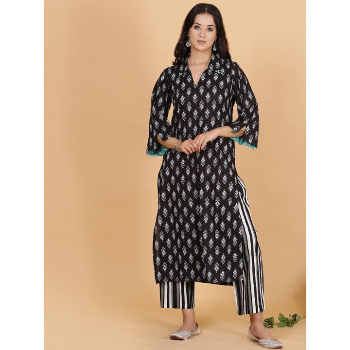 Spring Soul Black Ikat Kurta with Striped Pant (Set of 2)