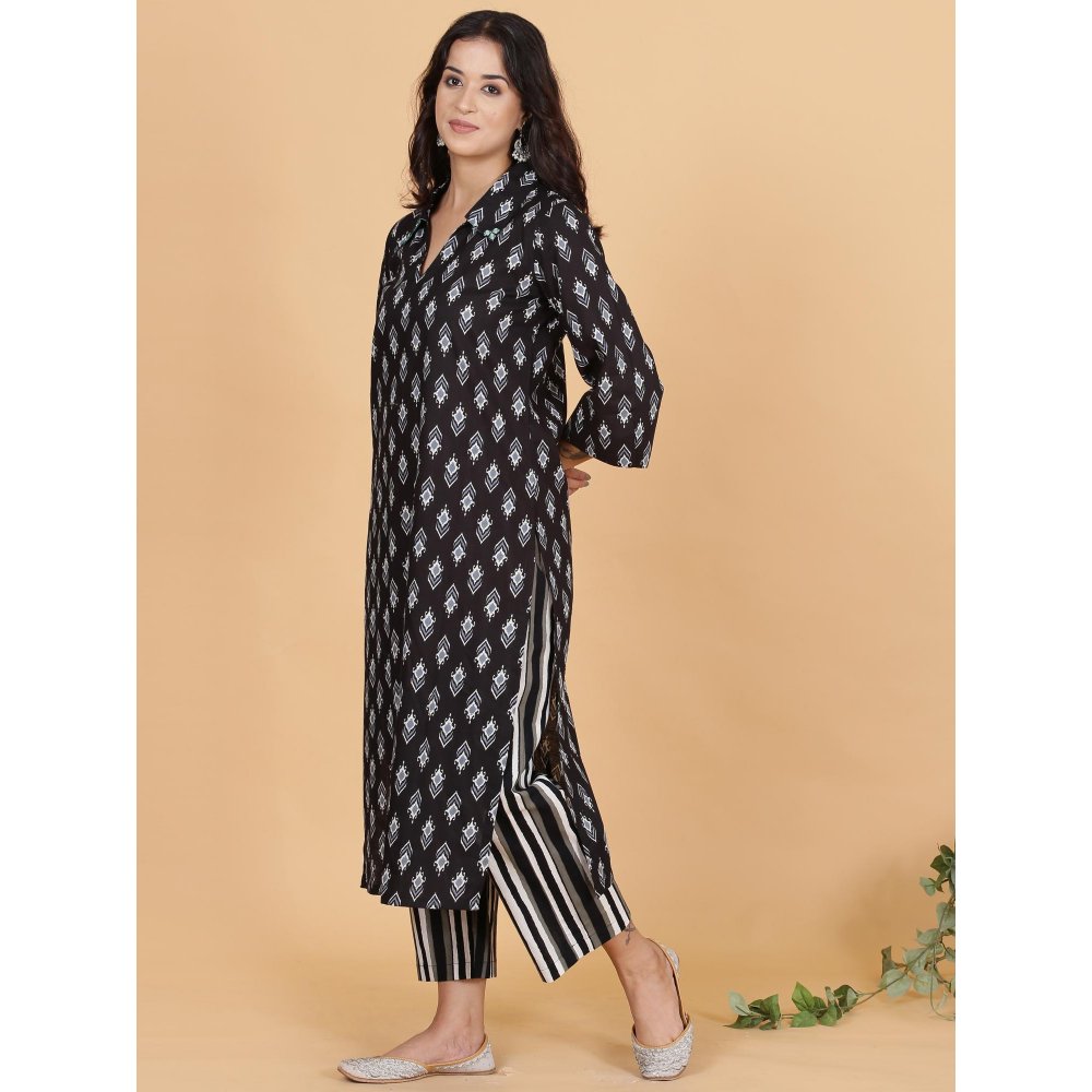 Spring Soul Black Ikat Kurta with Striped Pant (Set of 2)