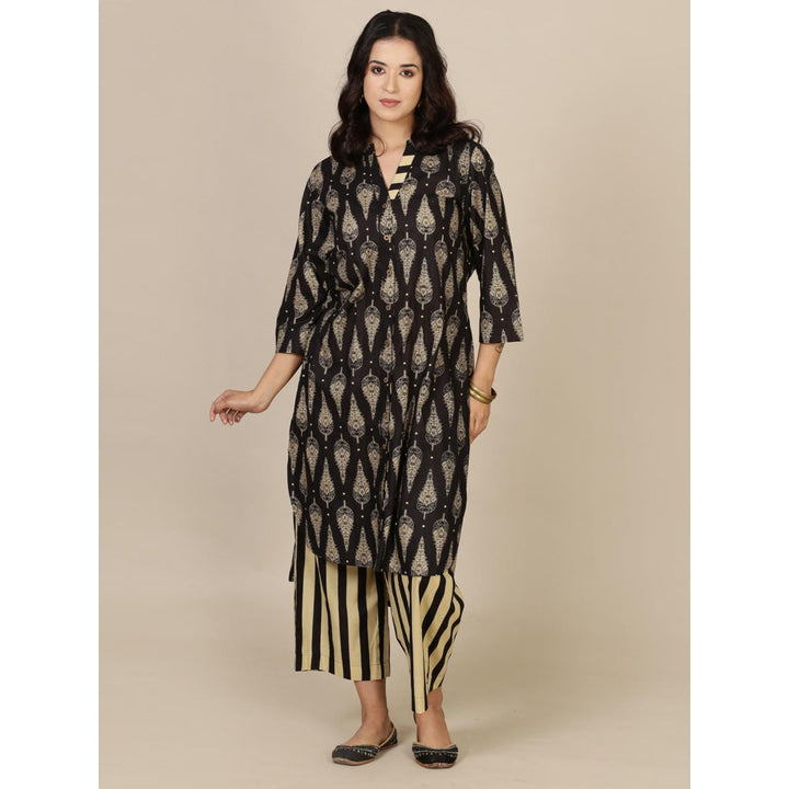 Spring Soul Black Cotton Kurta With Striped Palazzo (Set of 2)