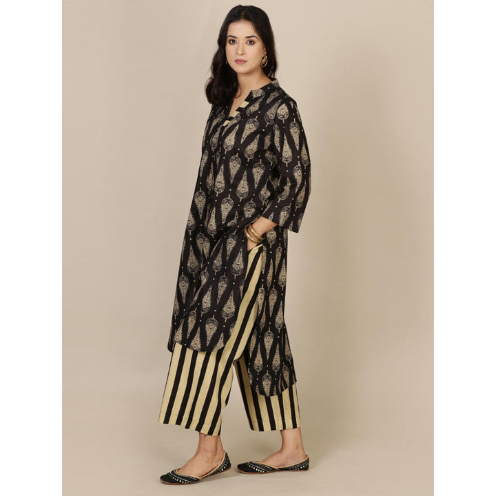 Spring Soul Black Cotton Kurta With Striped Palazzo (Set of 2)