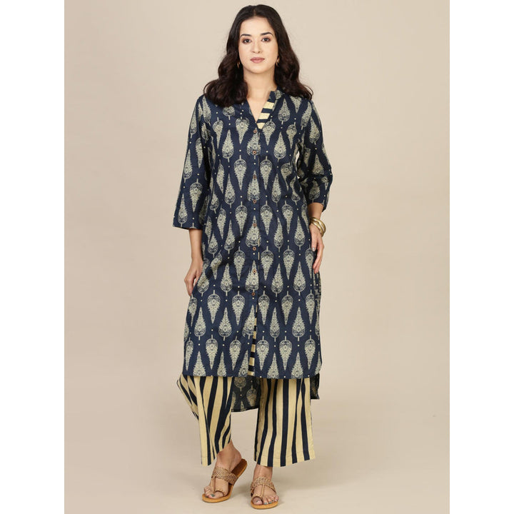 Spring Soul Navy Blue Cotton Kurta With Striped Palazzo (Set of 2)