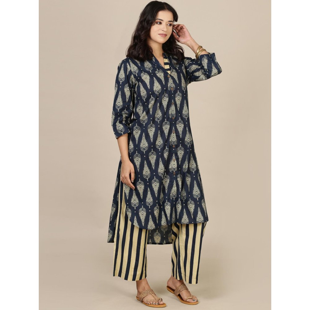 Spring Soul Navy Blue Cotton Kurta With Striped Palazzo (Set of 2)