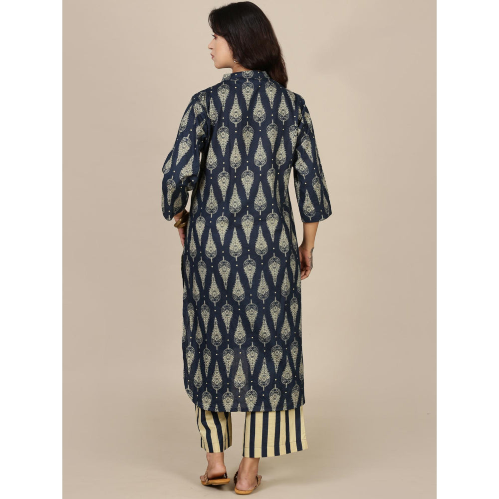 Spring Soul Navy Blue Cotton Kurta With Striped Palazzo (Set of 2)