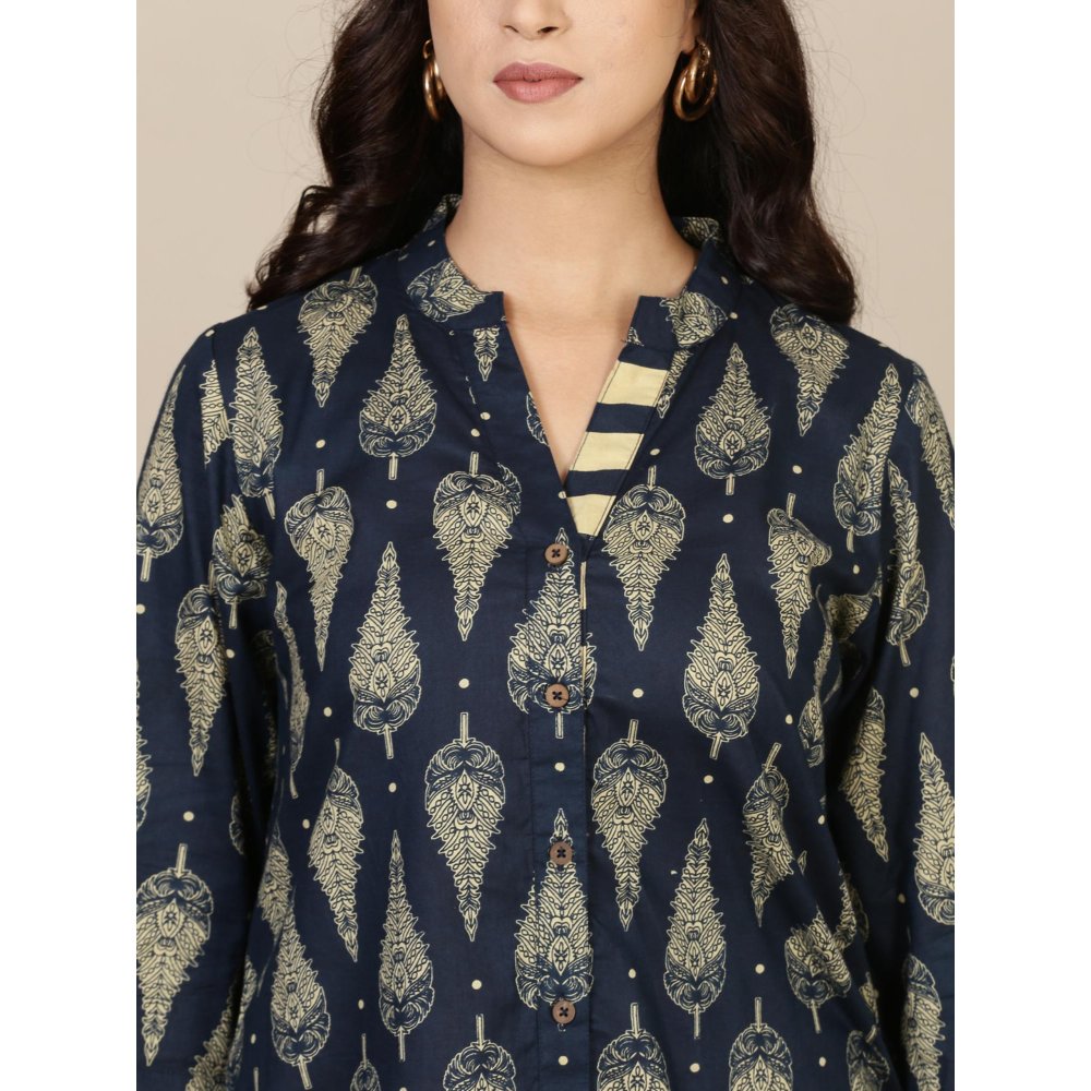 Spring Soul Navy Blue Cotton Kurta With Striped Palazzo (Set of 2)