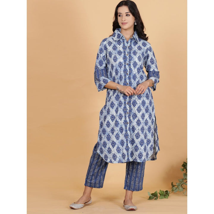 Spring Soul Blue Printed Full Placket Cotton Kurta with Pant (Set of 2)