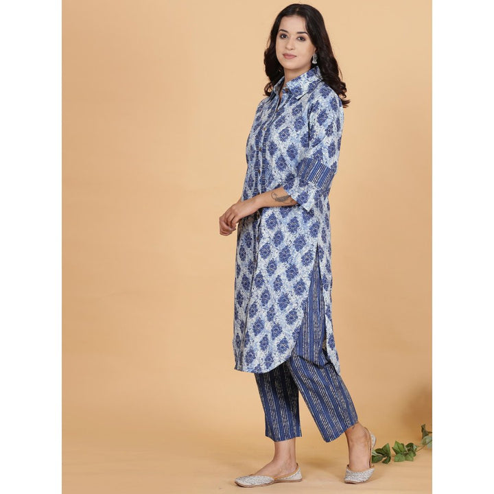 Spring Soul Blue Printed Full Placket Cotton Kurta with Pant (Set of 2)