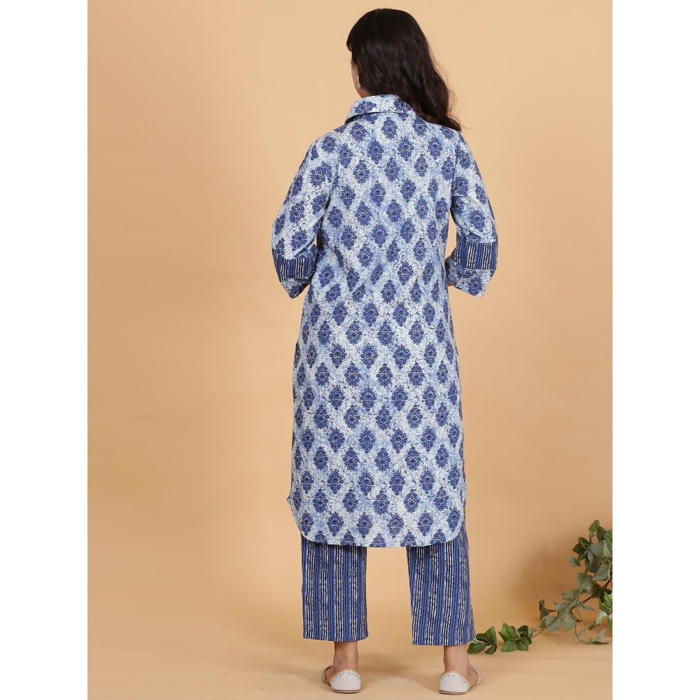 Spring Soul Blue Printed Full Placket Cotton Kurta with Pant (Set of 2)