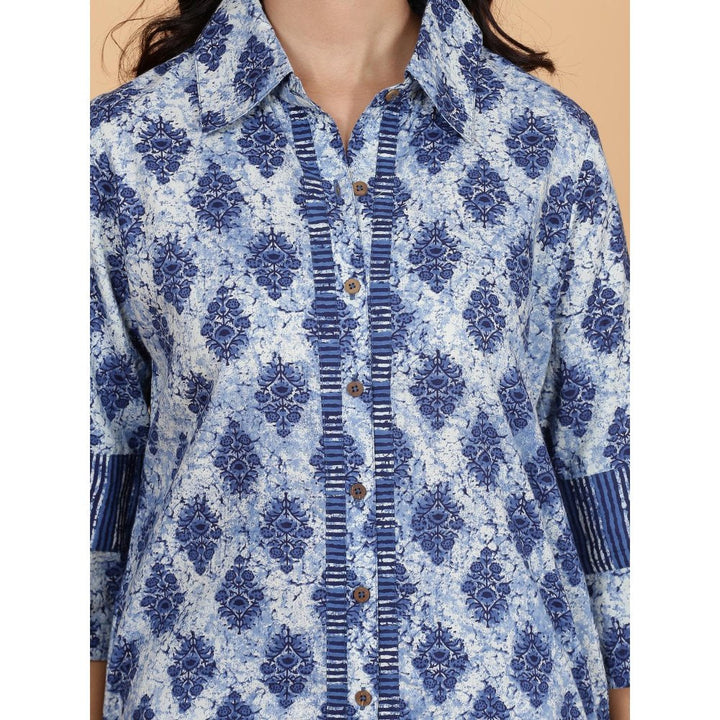 Spring Soul Blue Printed Full Placket Cotton Kurta with Pant (Set of 2)