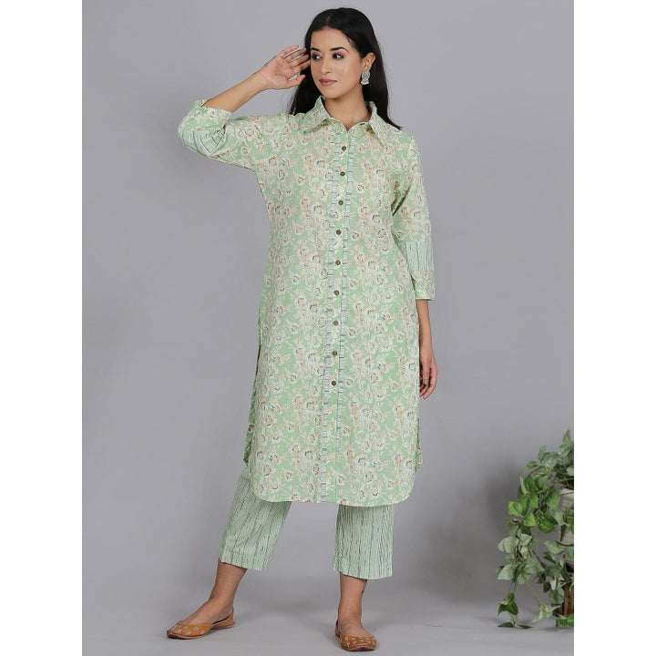 Spring Soul Green Printed Full Placket Cotton Kurta with Pant (Set of 2)