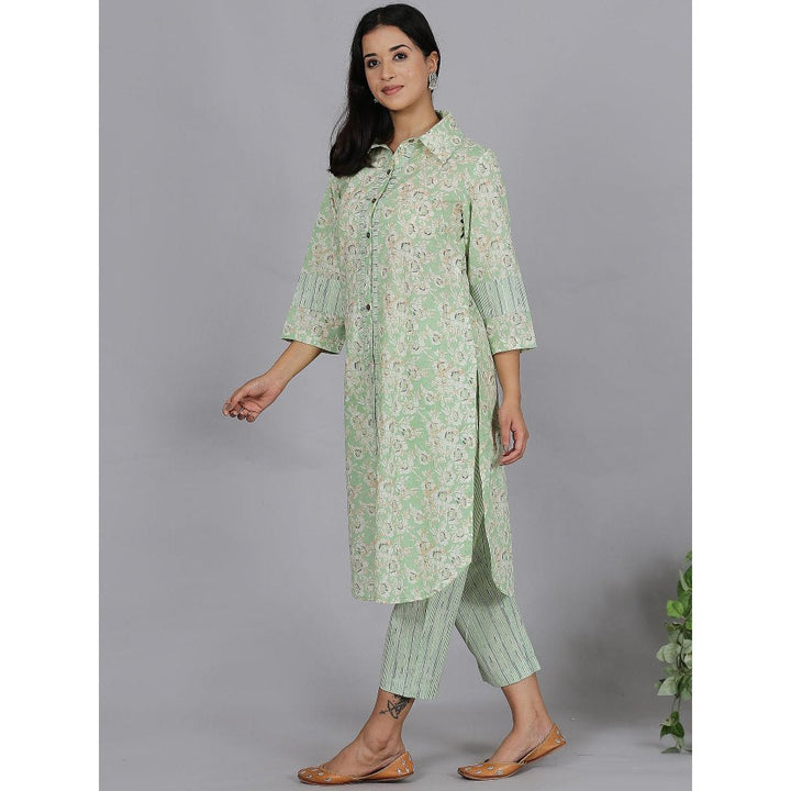 Spring Soul Green Printed Full Placket Cotton Kurta with Pant (Set of 2)