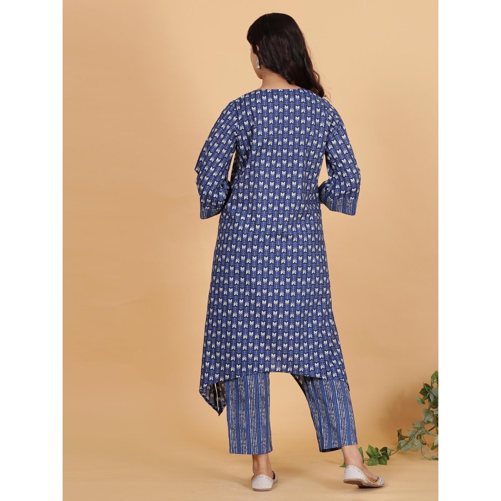 Spring Soul Blue Pocket Embroidery Kurta with Striped Pant (Set of 2)