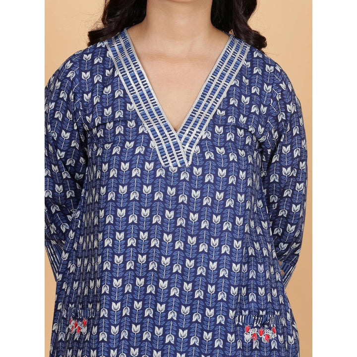 Spring Soul Blue Pocket Embroidery Kurta with Striped Pant (Set of 2)