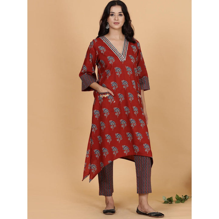 Spring Soul Red Pocket Embroidery Kurta with Zig-Zag Pant (Set of 2)