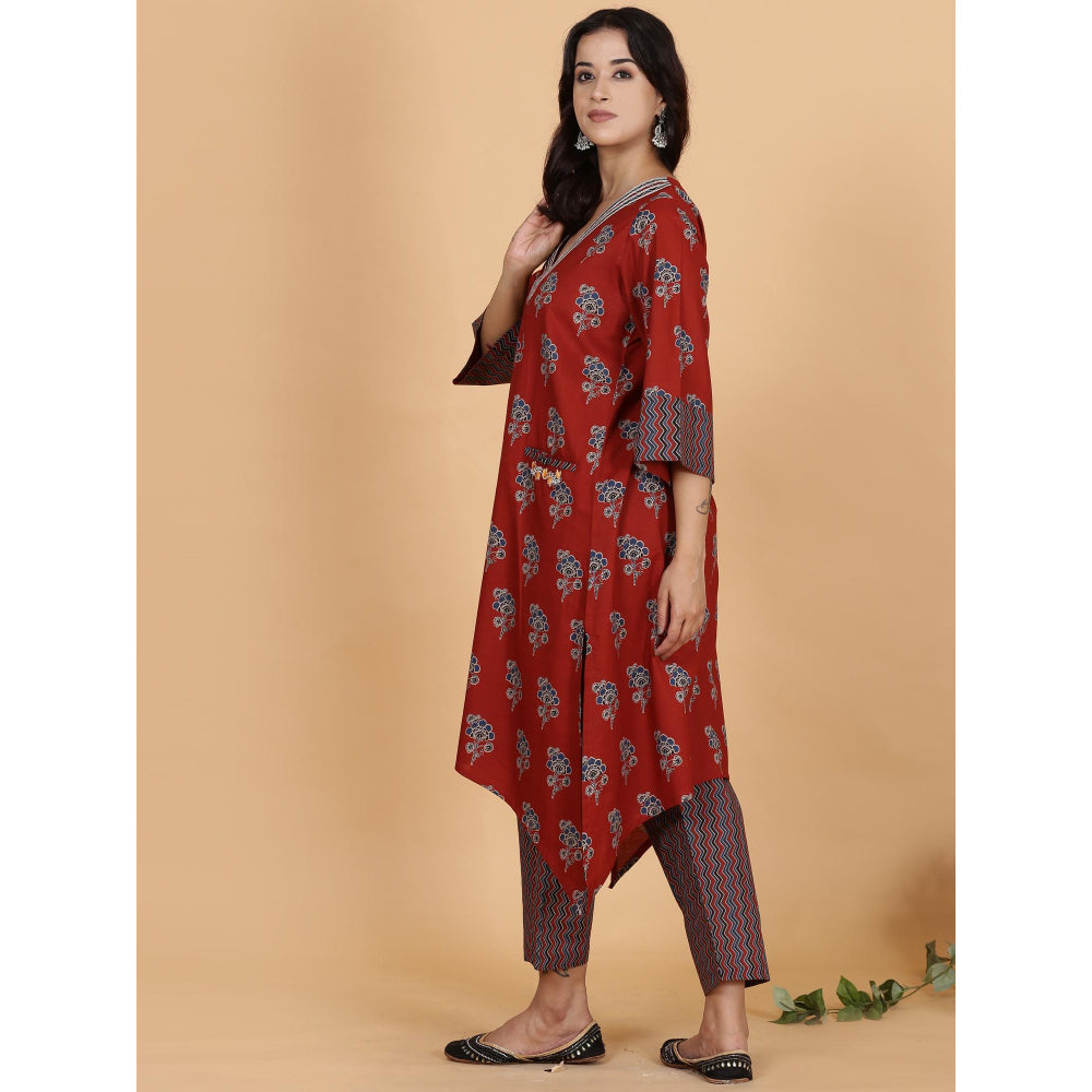 Spring Soul Red Pocket Embroidery Kurta with Zig-Zag Pant (Set of 2)