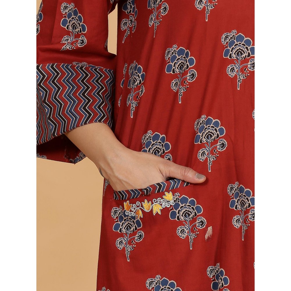 Spring Soul Red Pocket Embroidery Kurta with Zig-Zag Pant (Set of 2)