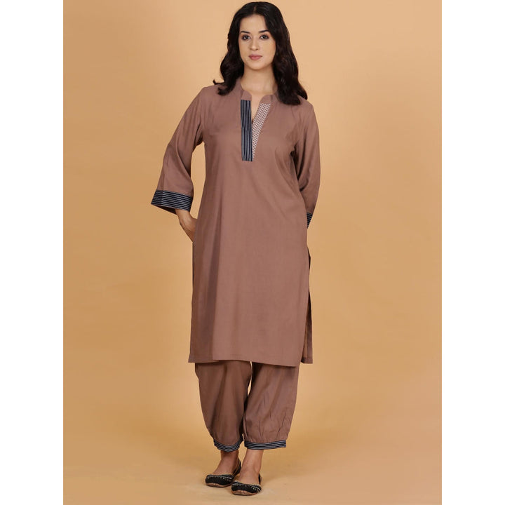 Spring Soul Brown Solid Cotton Modal A-Line Neck And Detailing Kurta With Salwar (Set of 2)