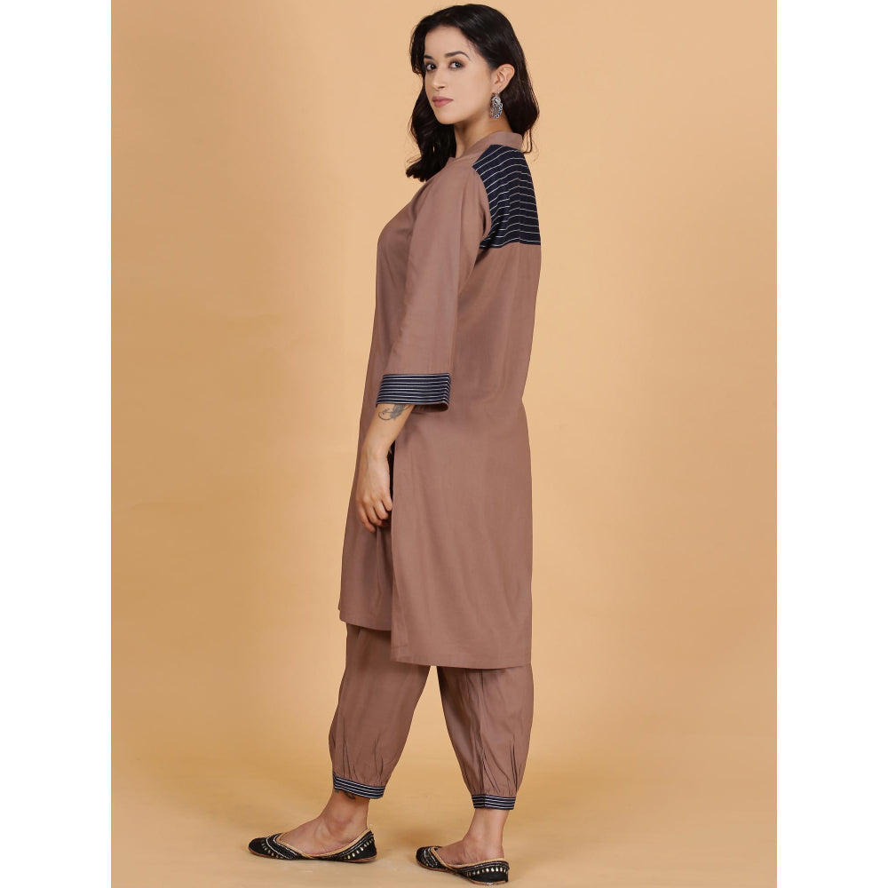 Spring Soul Brown Solid Cotton Modal A-Line Neck And Detailing Kurta With Salwar (Set of 2)