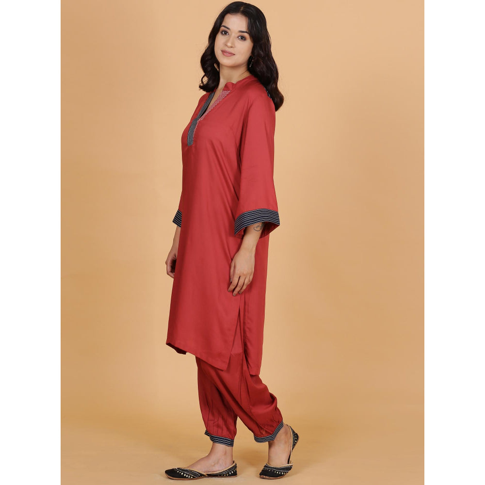 Spring Soul Red Solid Cotton Modal A-Line Neck And Detailing Kurta With Salwar (Set of 2)