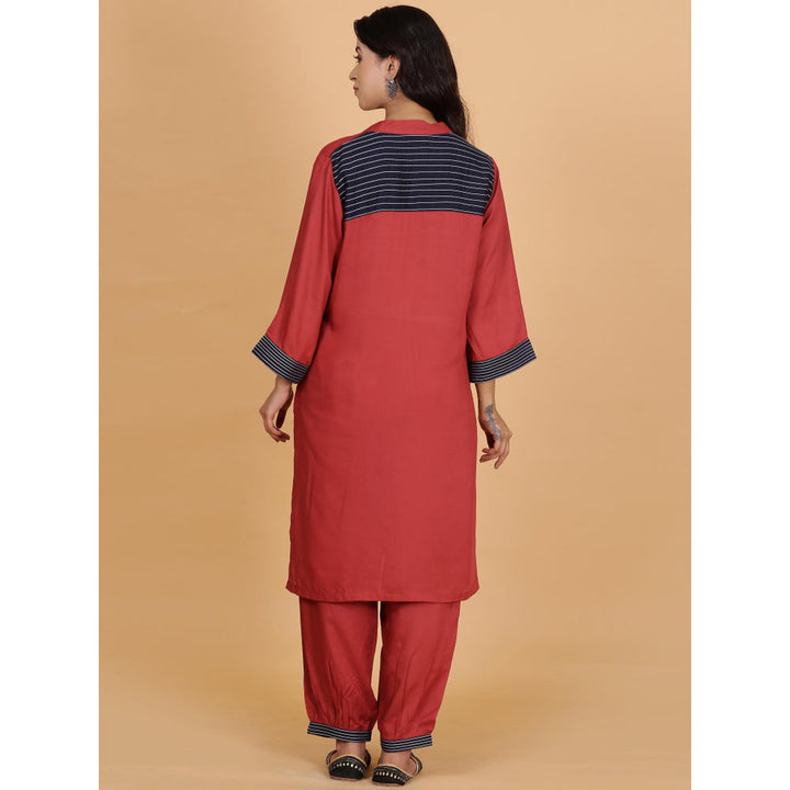 Spring Soul Red Solid Cotton Modal A-Line Neck And Detailing Kurta With Salwar (Set of 2)