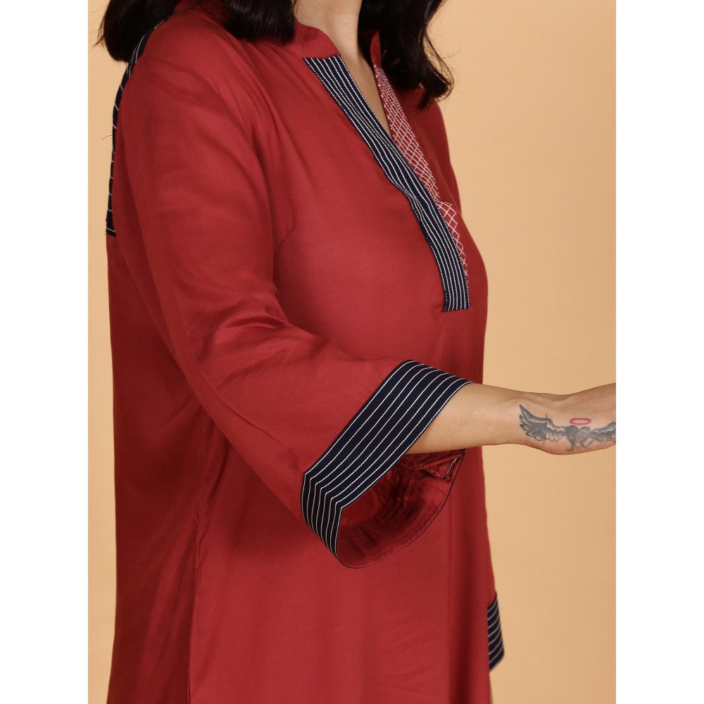 Spring Soul Red Solid Cotton Modal A-Line Neck And Detailing Kurta With Salwar (Set of 2)