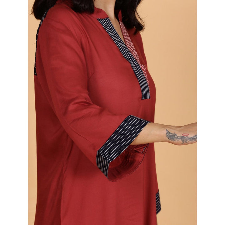 Spring Soul Red Solid Cotton Modal A-Line Neck And Detailing Kurta With Salwar (Set of 2)