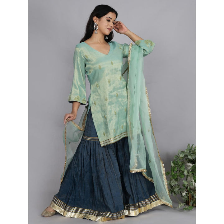 Spring Soul Blue Metallic Sharara with Kurta and Dupatta (Set of 3)