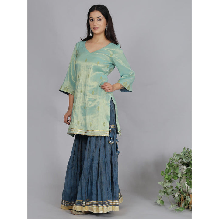 Spring Soul Blue Metallic Sharara with Kurta and Dupatta (Set of 3)