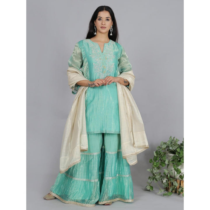 Spring Soul Turquoise Tissue Silk Sharara with Kurta and Dupatta (Set of 3)