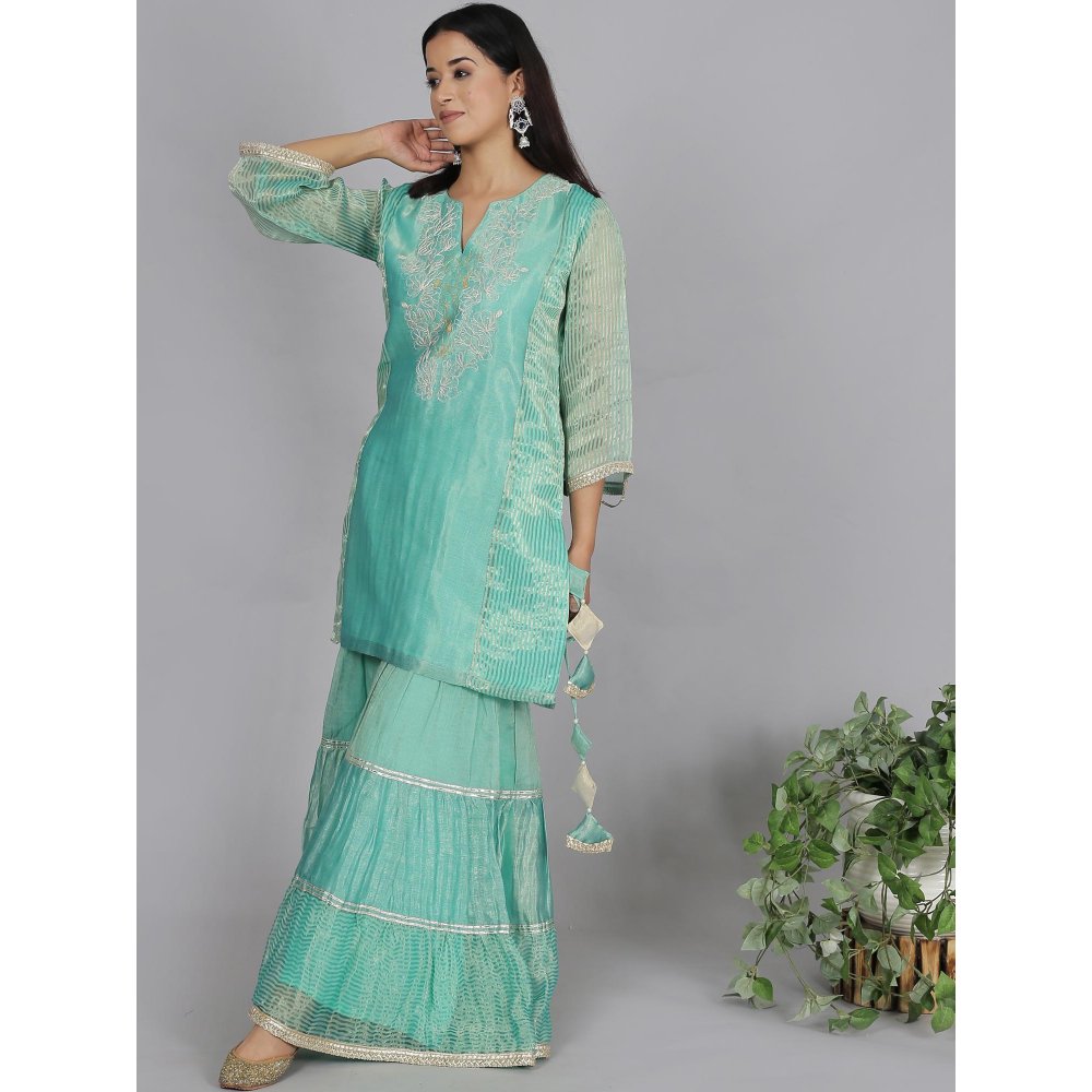 Spring Soul Turquoise Tissue Silk Sharara with Kurta and Dupatta (Set of 3)