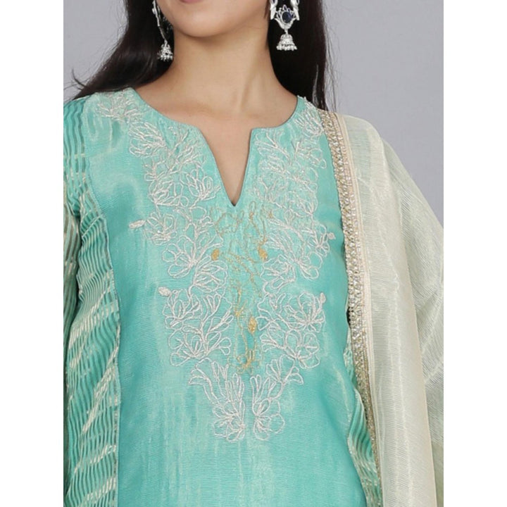 Spring Soul Turquoise Tissue Silk Sharara with Kurta and Dupatta (Set of 3)