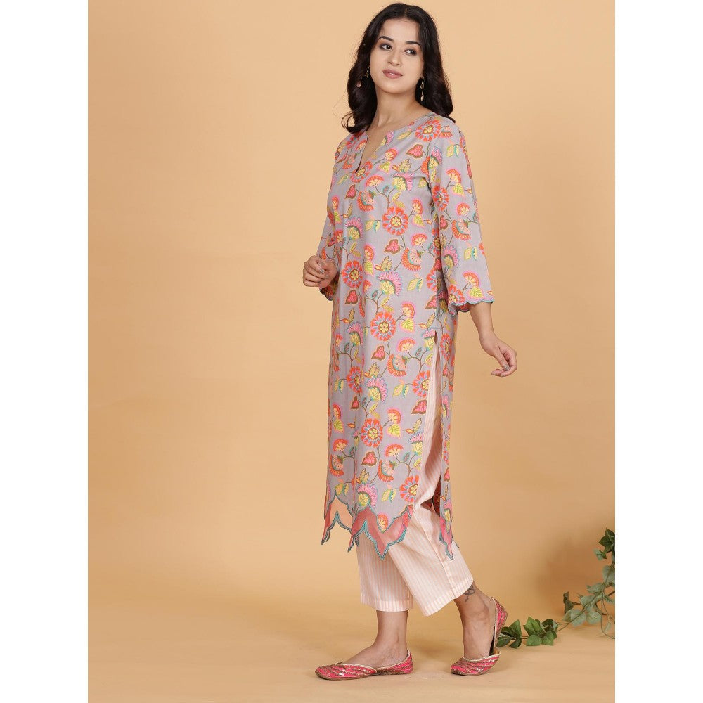 Spring Soul Multi Printed A-Line Organza Detailing Kurta With Pant (Set of 2)