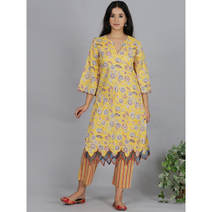 Spring Soul Yellow Printed A-Line Organza Detailing Kurta With Pant (Set of 2)