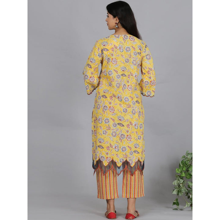 Spring Soul Yellow Printed A-Line Organza Detailing Kurta With Pant (Set of 2)