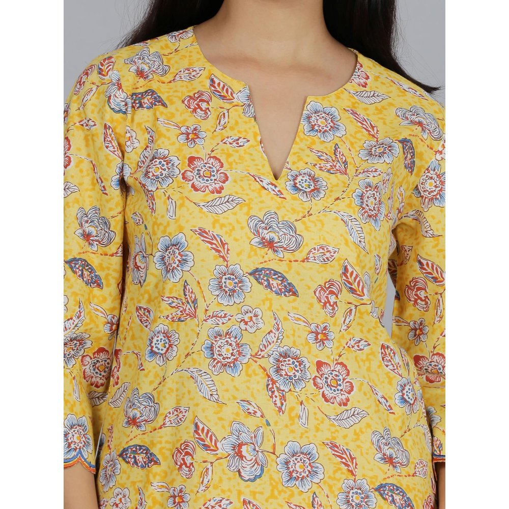 Spring Soul Yellow Printed A-Line Organza Detailing Kurta With Pant (Set of 2)