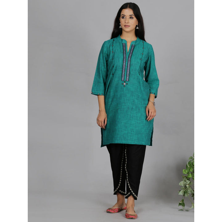 Spring Soul Green and Black Solid Cotton A-Line Kurta with Dhoti Pant (Set of 2)