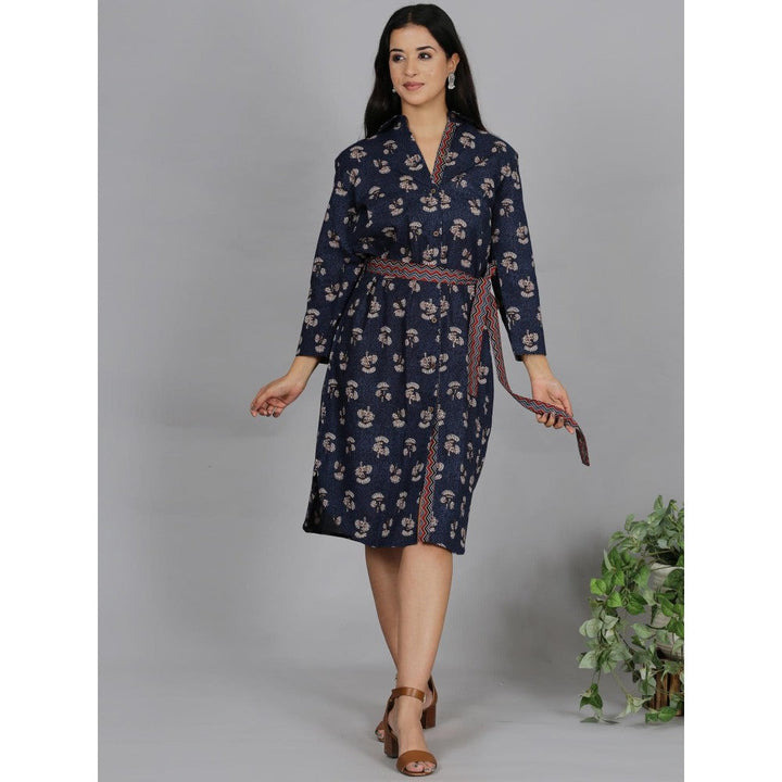 Spring Soul Navy Blue Printed Cotton Shirt Dress with Belt (Set of 2)