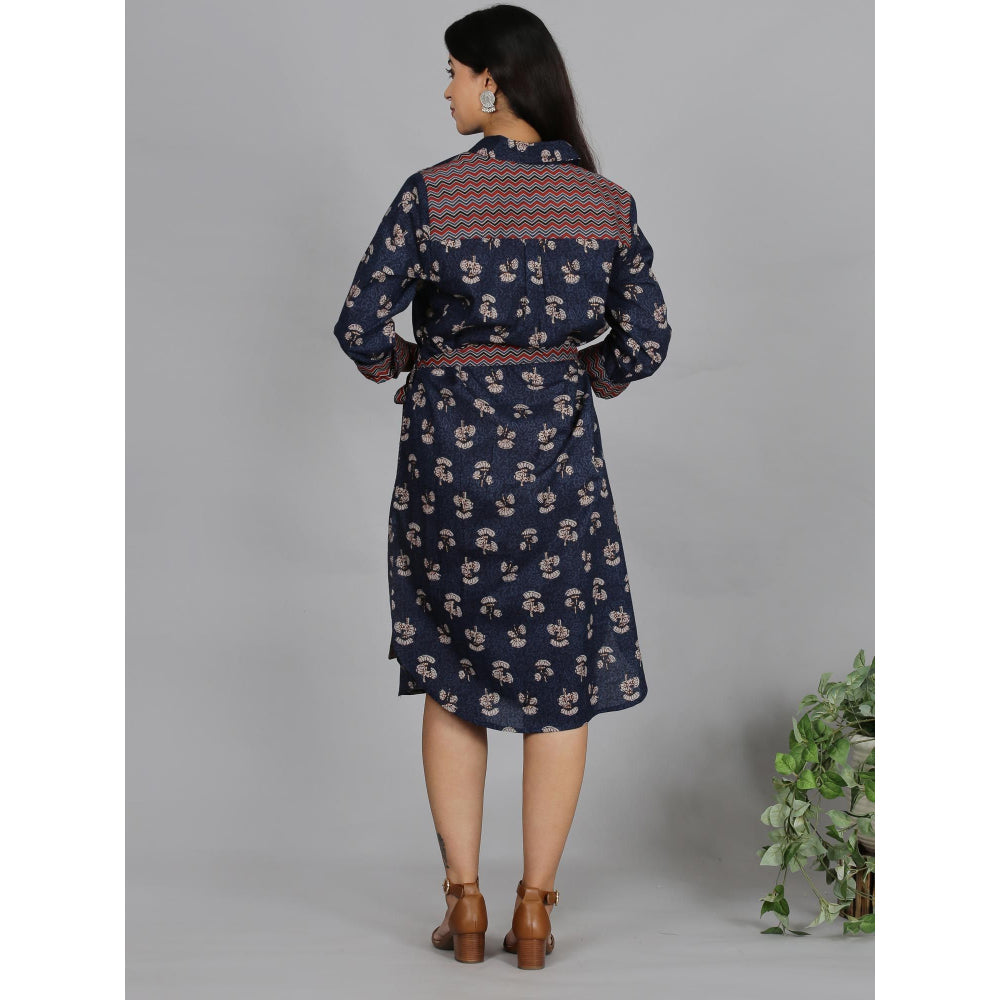 Spring Soul Navy Blue Printed Cotton Shirt Dress with Belt (Set of 2)