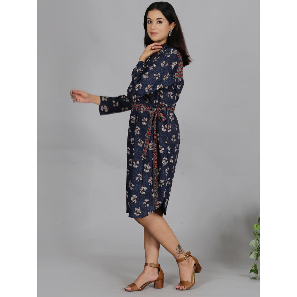 Spring Soul Navy Blue Printed Cotton Shirt Dress with Belt (Set of 2)