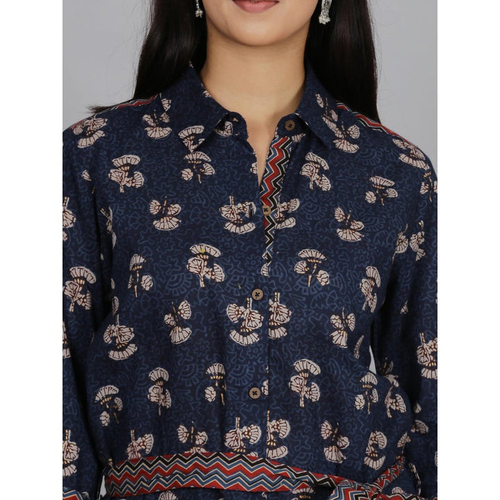 Spring Soul Navy Blue Printed Cotton Shirt Dress with Belt (Set of 2)