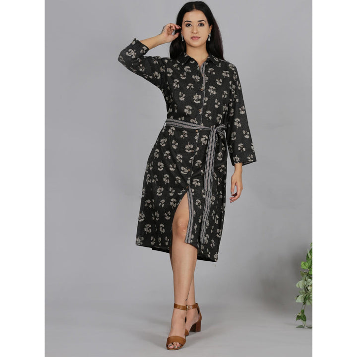 Spring Soul Grey Printed Cotton Shirt Dress with Belt (Set of 2)