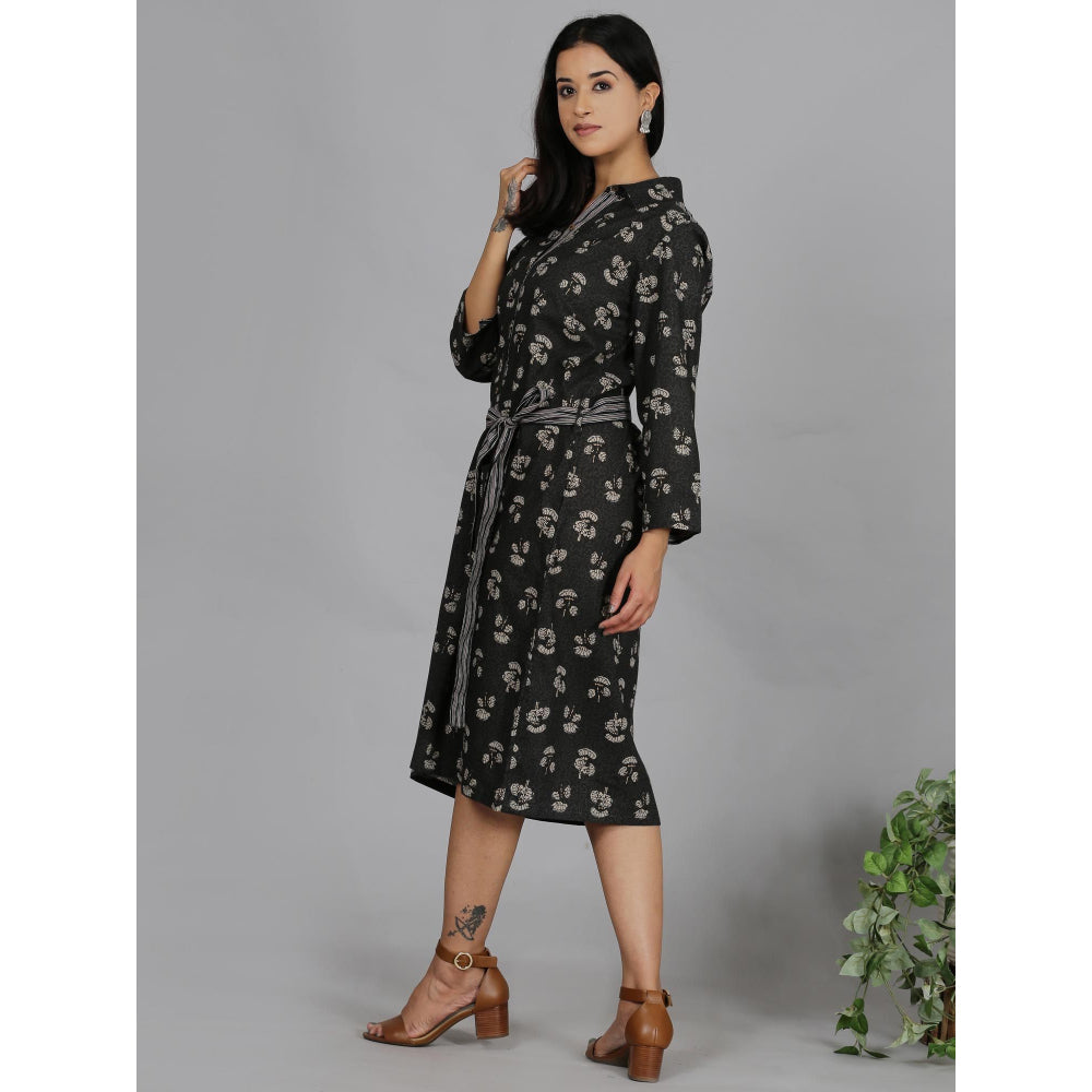 Spring Soul Grey Printed Cotton Shirt Dress with Belt (Set of 2)