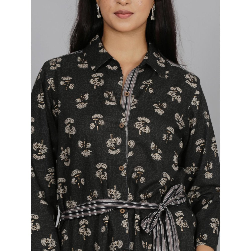 Spring Soul Grey Printed Cotton Shirt Dress with Belt (Set of 2)